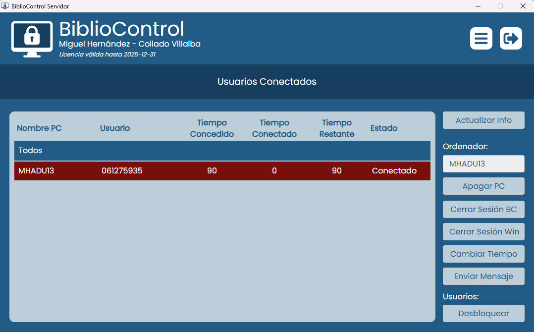 Pantalla de usuarios conectados en BiblioControl