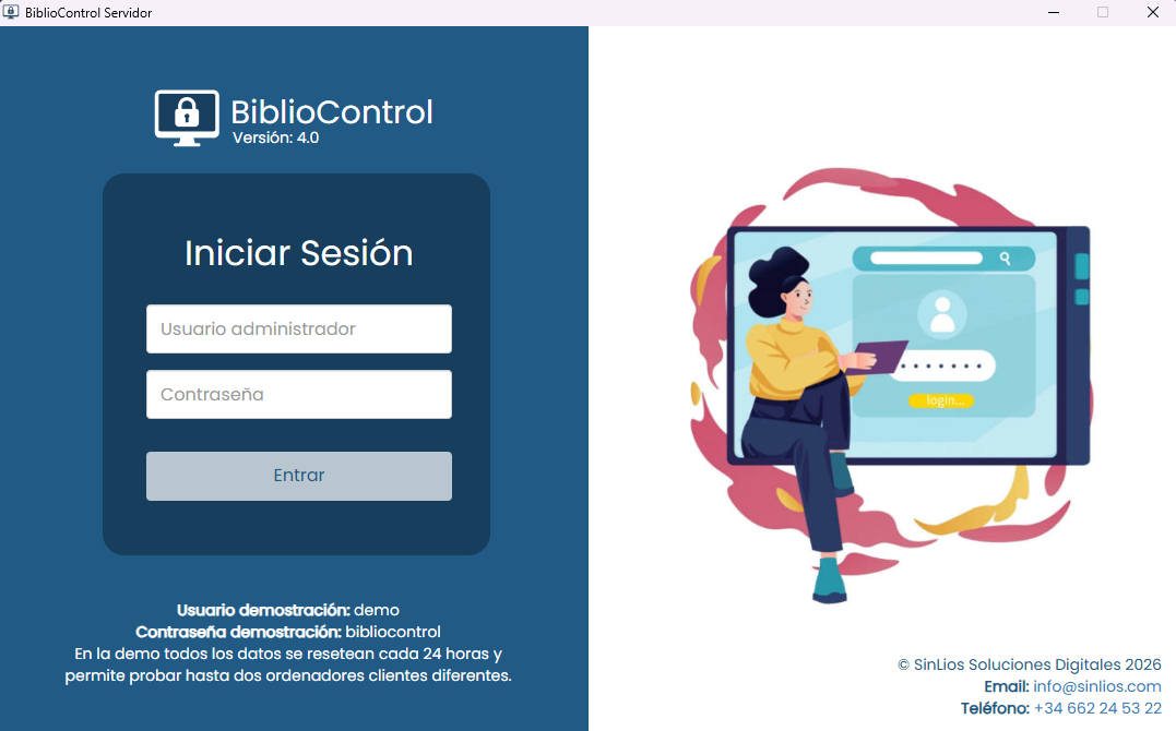 Pantalla de acceso de demostración de BiblioControl