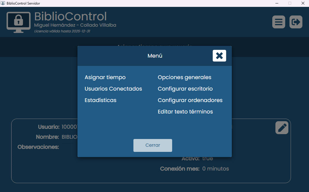 Menú de administración de BiblioControl