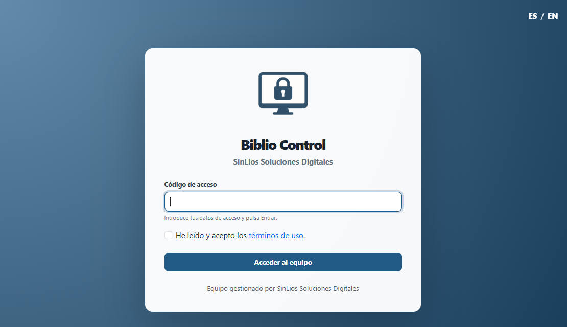 Pantalla de acceso de demostración de BiblioControl